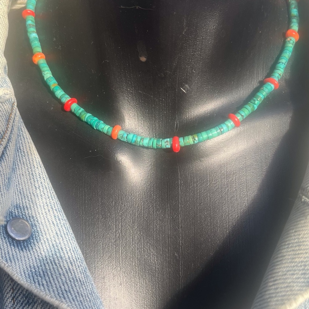 Handmade heishi turquoise and coral bead necklace from Soho NYC jewelry store